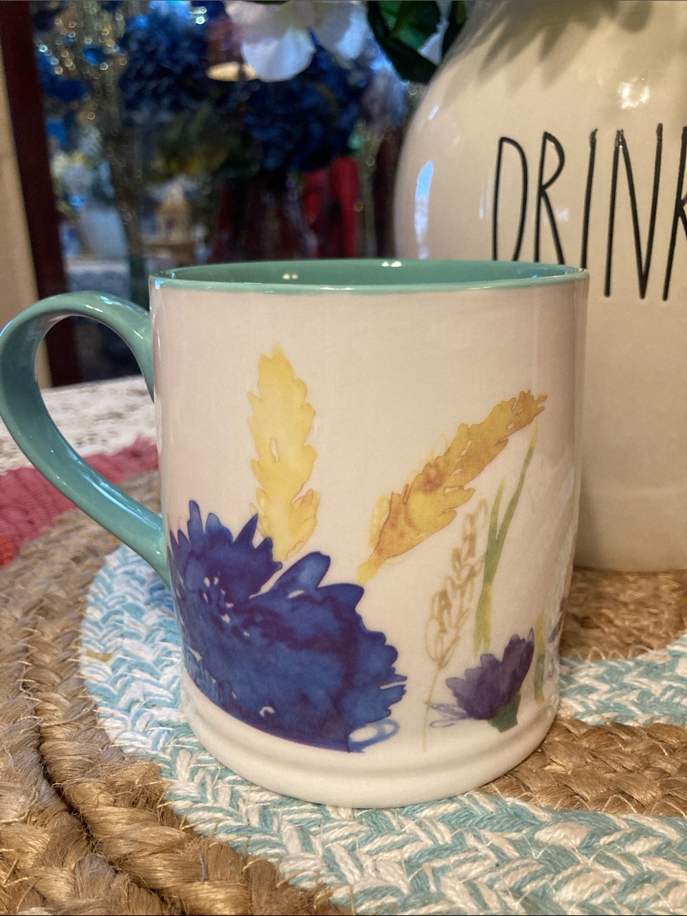 Grace Fine Porcelain Floral Mug with Teal Handle and Interior